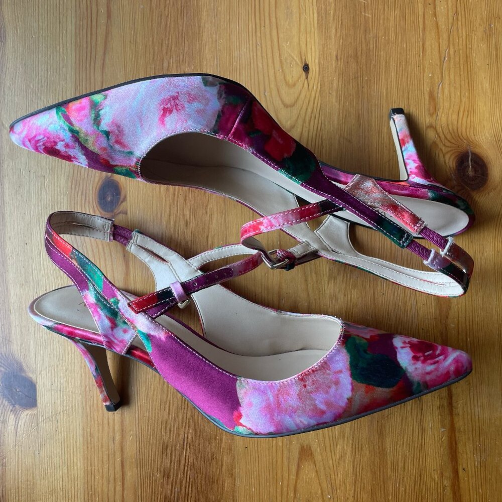 Nine West Pink Floral Print Satin Pointy Toe Slingback Heels 8.5US
